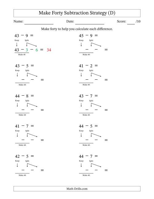 The Make Forty Subtraction Strategy (D) Math Worksheet