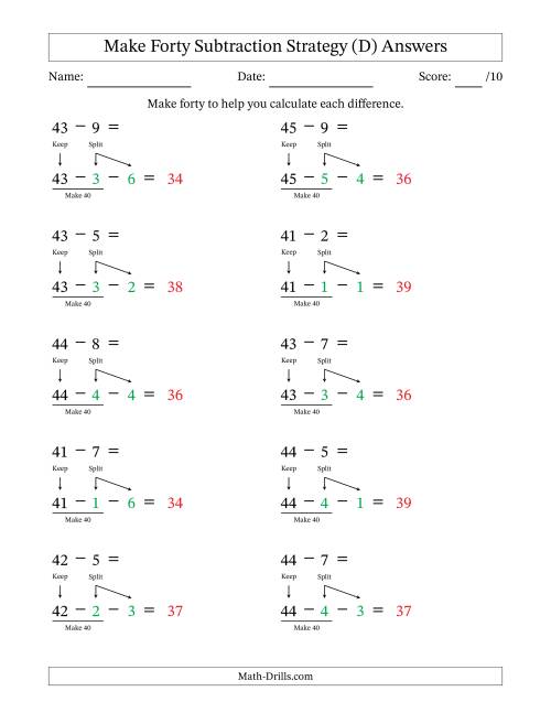 The Make Forty Subtraction Strategy (D) Math Worksheet Page 2