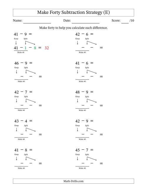 The Make Forty Subtraction Strategy (E) Math Worksheet