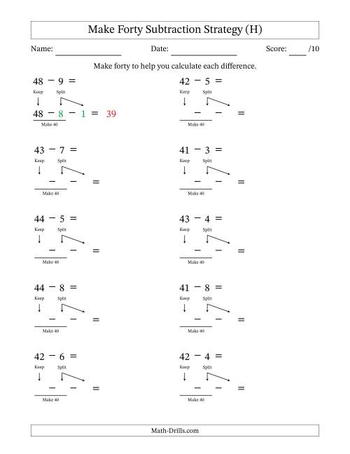 The Make Forty Subtraction Strategy (H) Math Worksheet