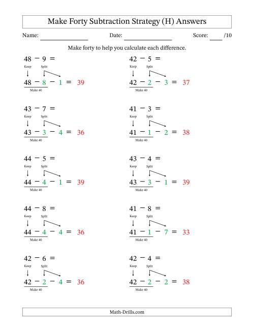 The Make Forty Subtraction Strategy (H) Math Worksheet Page 2