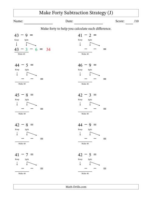 The Make Forty Subtraction Strategy (J) Math Worksheet