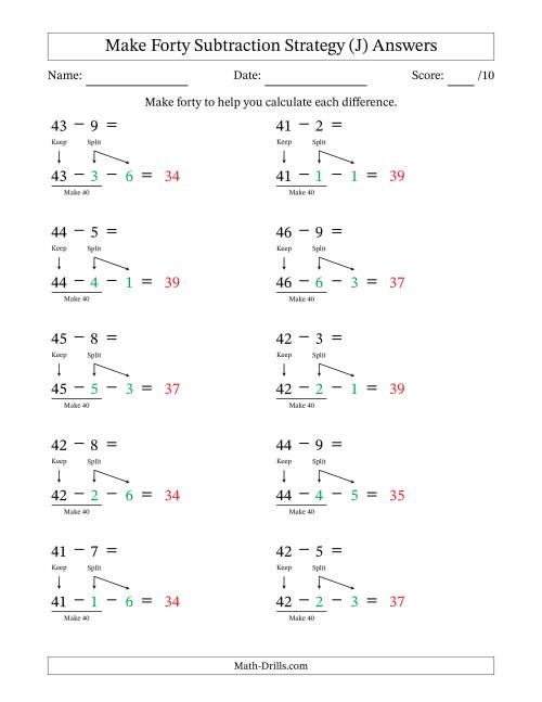 The Make Forty Subtraction Strategy (J) Math Worksheet Page 2