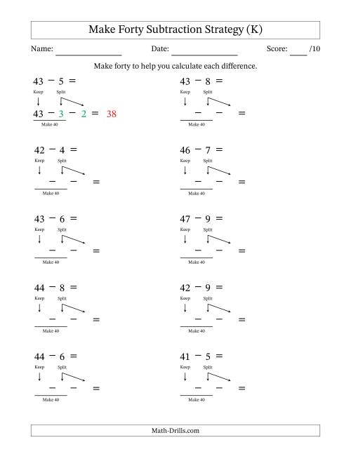 The Make Forty Subtraction Strategy (K) Math Worksheet