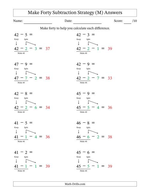 The Make Forty Subtraction Strategy (M) Math Worksheet Page 2