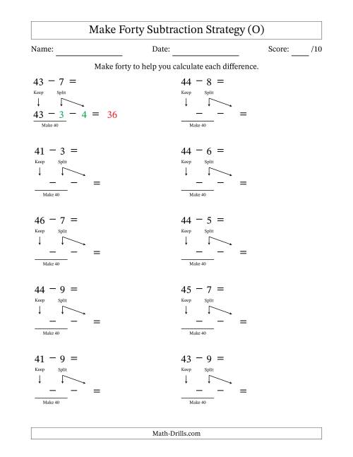 The Make Forty Subtraction Strategy (O) Math Worksheet