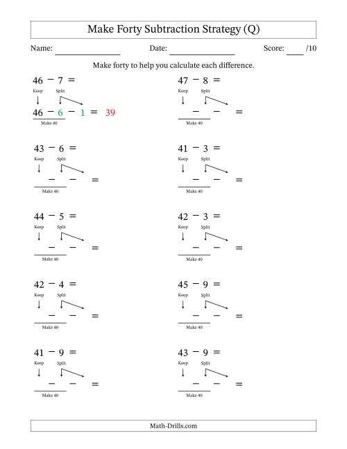 The Make Forty Subtraction Strategy (Q) Math Worksheet