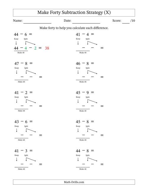 The Make Forty Subtraction Strategy (X) Math Worksheet