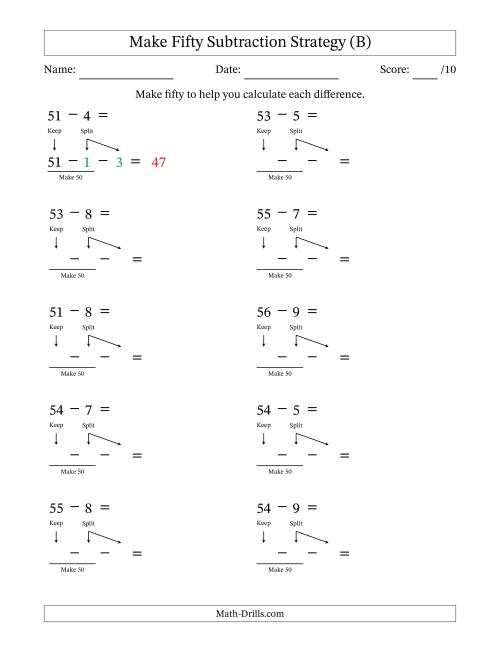 The Make Fifty Subtraction Strategy (B) Math Worksheet
