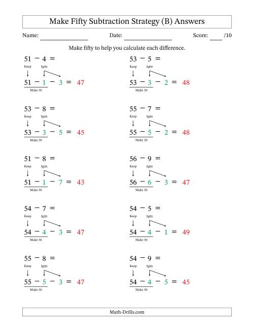 The Make Fifty Subtraction Strategy (B) Math Worksheet Page 2
