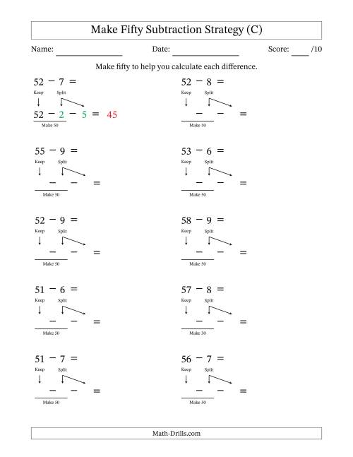 The Make Fifty Subtraction Strategy (C) Math Worksheet