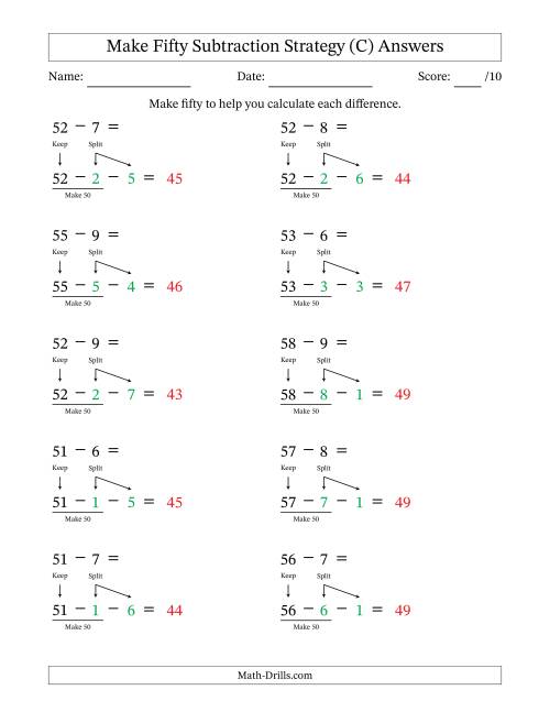 The Make Fifty Subtraction Strategy (C) Math Worksheet Page 2
