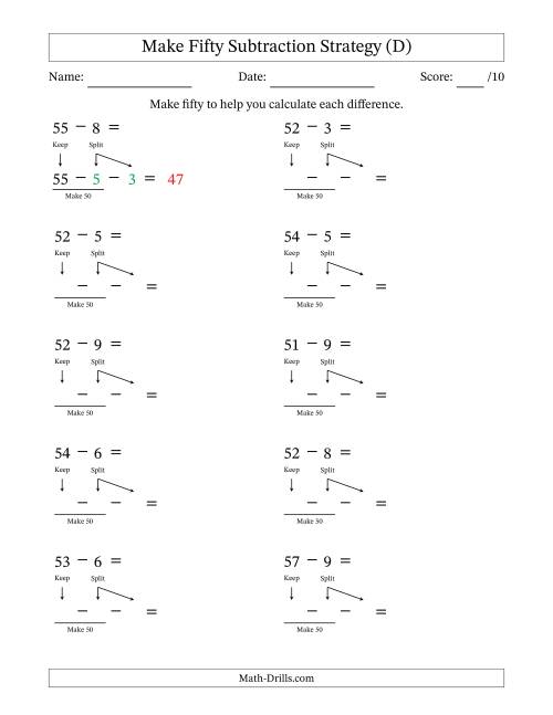 The Make Fifty Subtraction Strategy (D) Math Worksheet