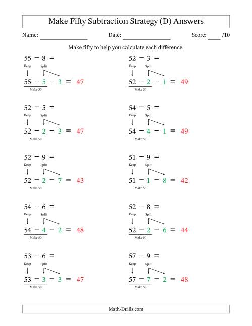 The Make Fifty Subtraction Strategy (D) Math Worksheet Page 2