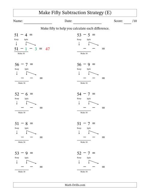 The Make Fifty Subtraction Strategy (E) Math Worksheet