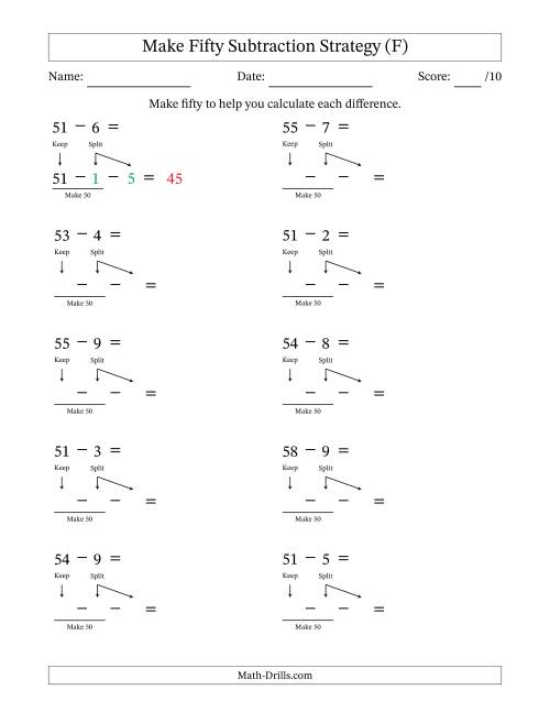 The Make Fifty Subtraction Strategy (F) Math Worksheet