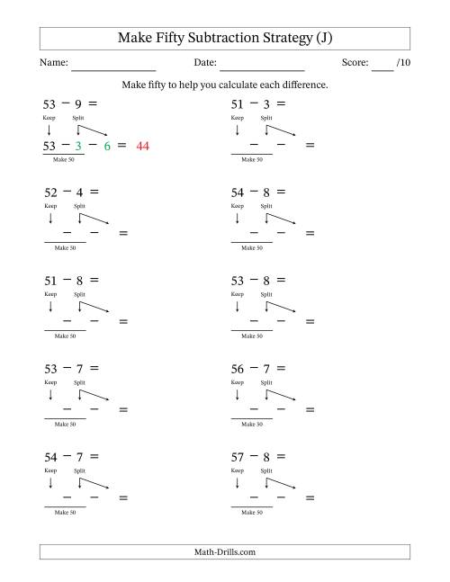 The Make Fifty Subtraction Strategy (J) Math Worksheet