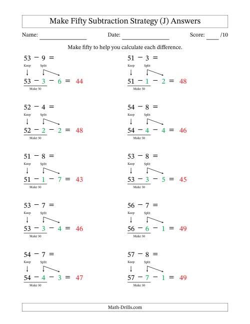 The Make Fifty Subtraction Strategy (J) Math Worksheet Page 2