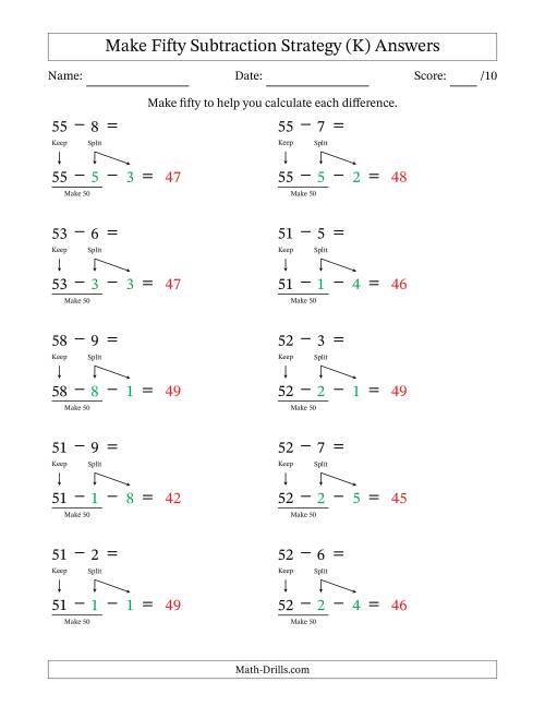 The Make Fifty Subtraction Strategy (K) Math Worksheet Page 2