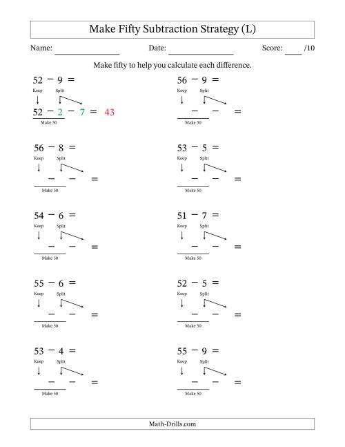 The Make Fifty Subtraction Strategy (L) Math Worksheet