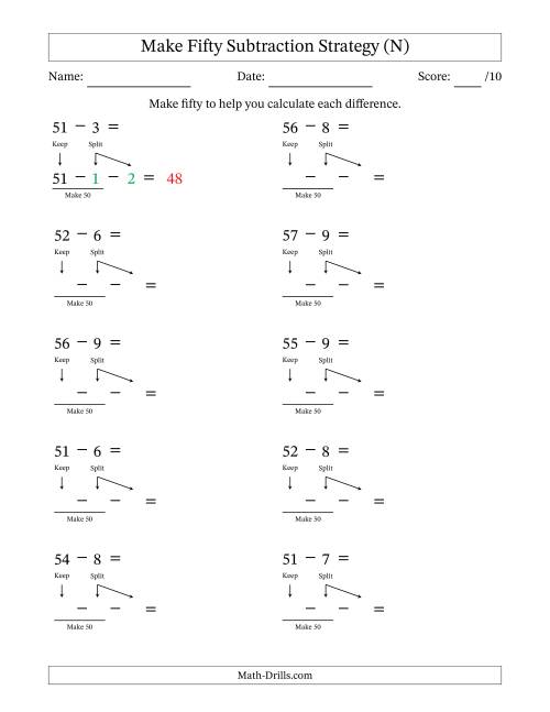 The Make Fifty Subtraction Strategy (N) Math Worksheet