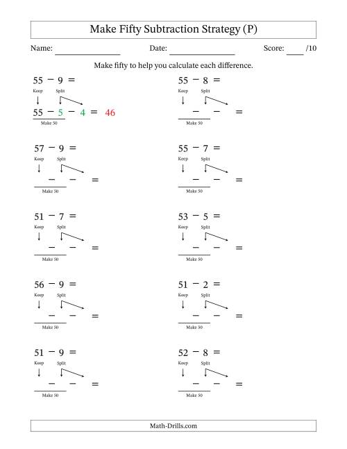 The Make Fifty Subtraction Strategy (P) Math Worksheet