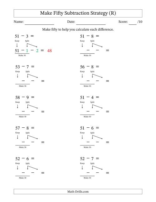 The Make Fifty Subtraction Strategy (R) Math Worksheet