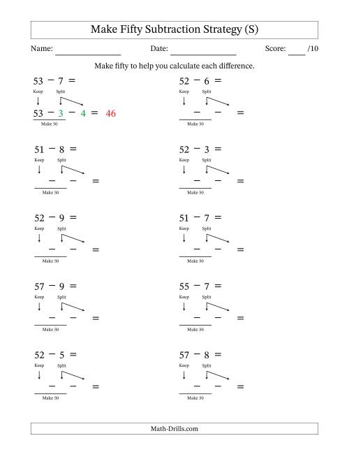 The Make Fifty Subtraction Strategy (S) Math Worksheet