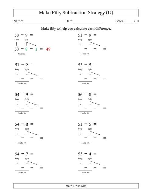 The Make Fifty Subtraction Strategy (U) Math Worksheet