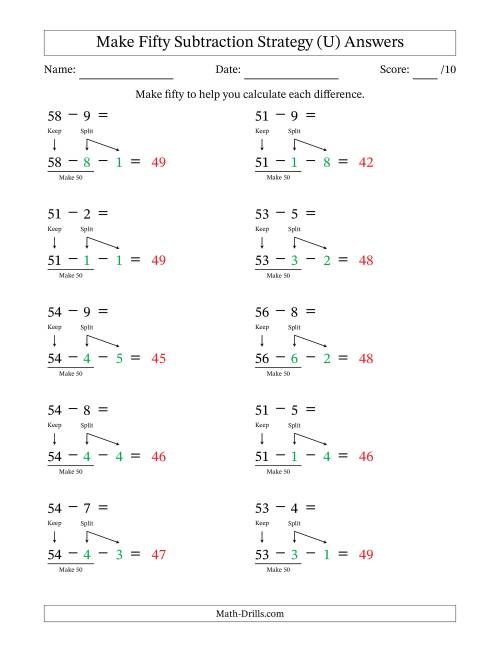 The Make Fifty Subtraction Strategy (U) Math Worksheet Page 2