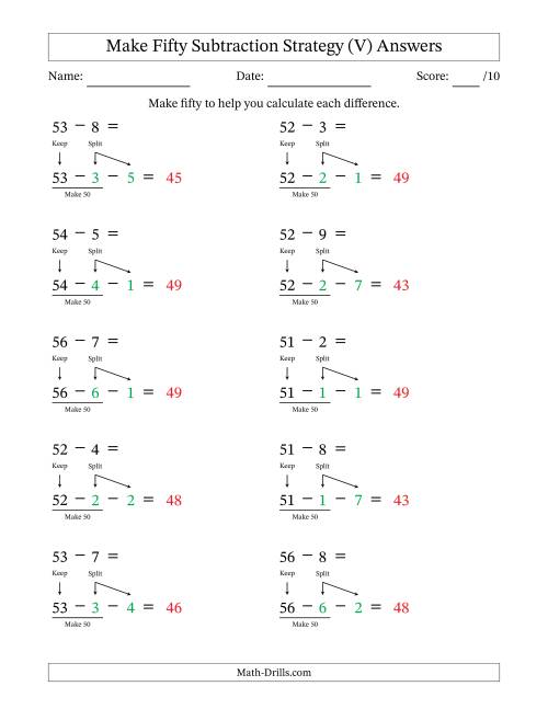 The Make Fifty Subtraction Strategy (V) Math Worksheet Page 2