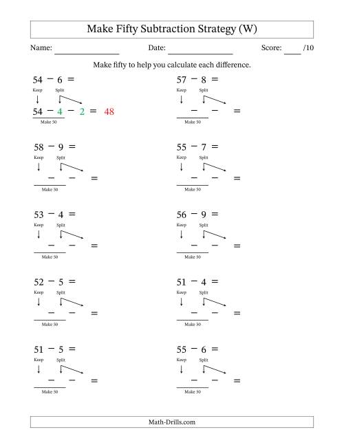 The Make Fifty Subtraction Strategy (W) Math Worksheet