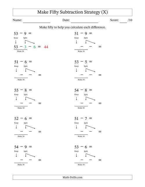 The Make Fifty Subtraction Strategy (X) Math Worksheet