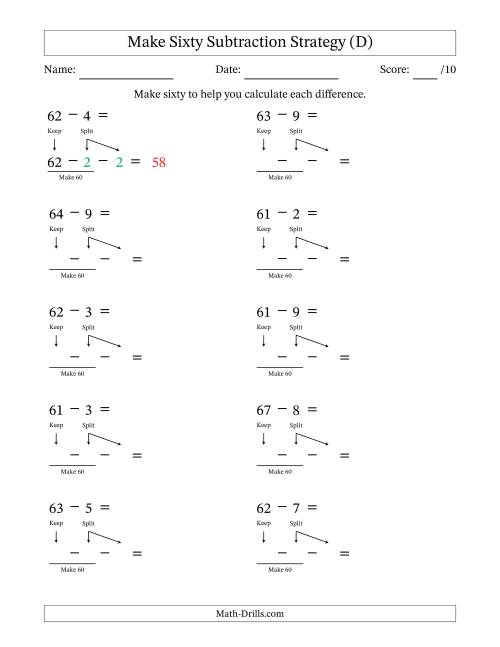 The Make Sixty Subtraction Strategy (D) Math Worksheet