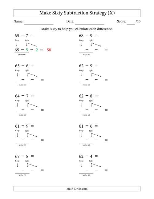 The Make Sixty Subtraction Strategy (X) Math Worksheet