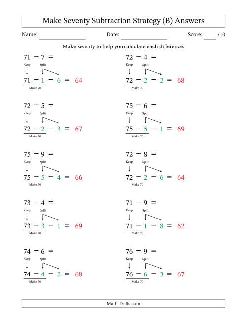 The Make Seventy Subtraction Strategy (B) Math Worksheet Page 2