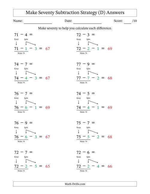 The Make Seventy Subtraction Strategy (D) Math Worksheet Page 2