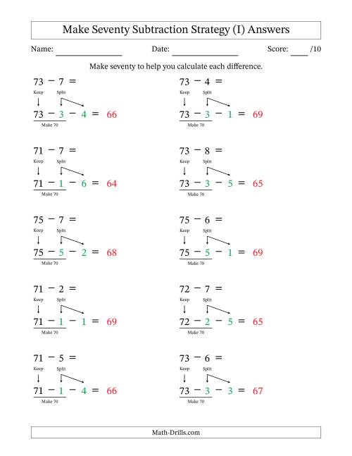 The Make Seventy Subtraction Strategy (I) Math Worksheet Page 2