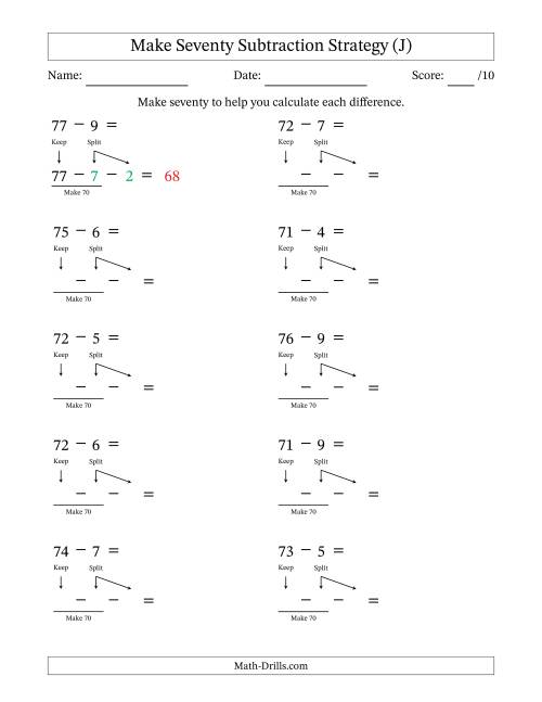 The Make Seventy Subtraction Strategy (J) Math Worksheet