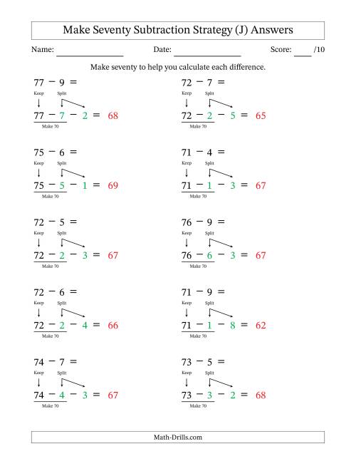 The Make Seventy Subtraction Strategy (J) Math Worksheet Page 2