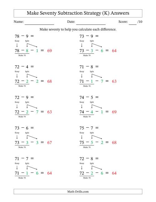 The Make Seventy Subtraction Strategy (K) Math Worksheet Page 2