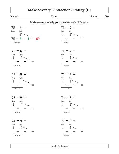 The Make Seventy Subtraction Strategy (U) Math Worksheet