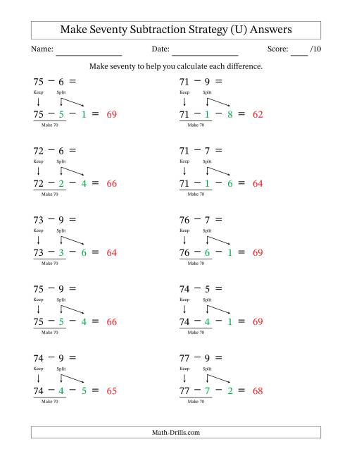 The Make Seventy Subtraction Strategy (U) Math Worksheet Page 2