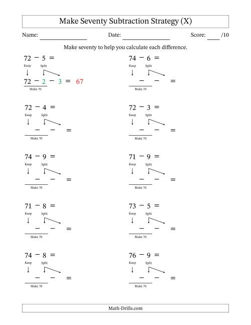 The Make Seventy Subtraction Strategy (X) Math Worksheet