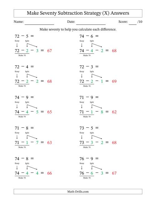 The Make Seventy Subtraction Strategy (X) Math Worksheet Page 2