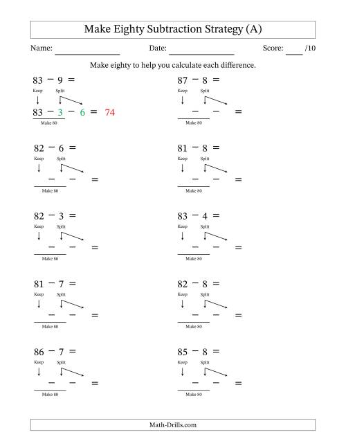 The Make Eighty Subtraction Strategy (A) Math Worksheet