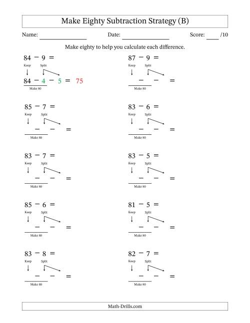 The Make Eighty Subtraction Strategy (B) Math Worksheet