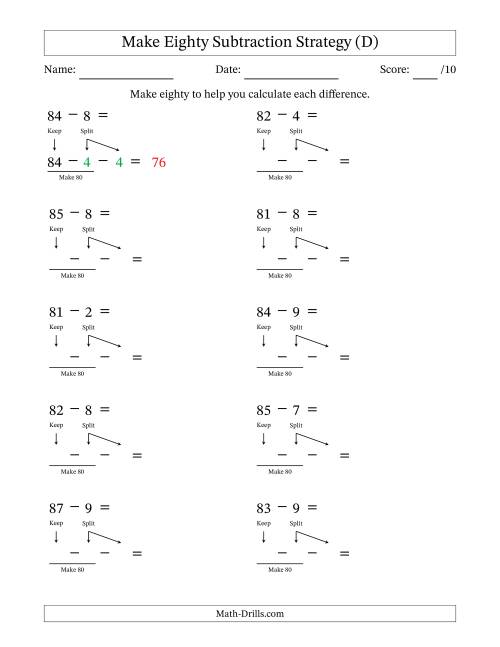 The Make Eighty Subtraction Strategy (D) Math Worksheet
