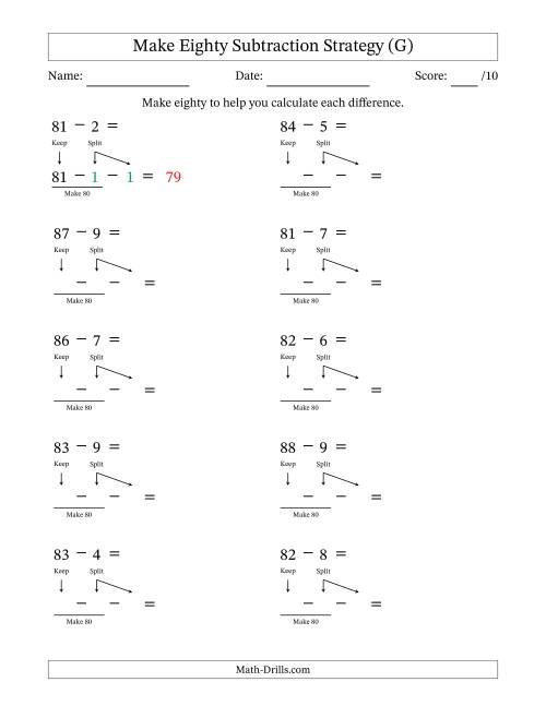The Make Eighty Subtraction Strategy (G) Math Worksheet