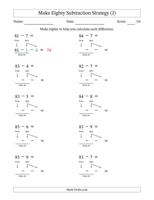 The Make Eighty Subtraction Strategy (J) Math Worksheet